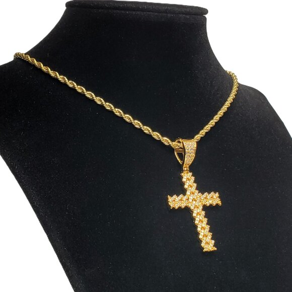 20" Womens 2ct Diamond 14K Gold Rope Chain Cross Necklace 14 K Silver Jewelry - Picture 4 of 9